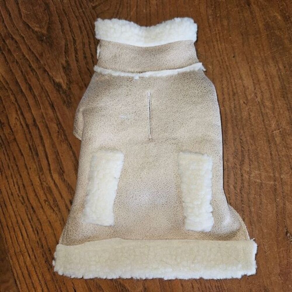 Tan & White Faux Fur Dog Jacket XS‎ Lightweight Winter Pet Coat